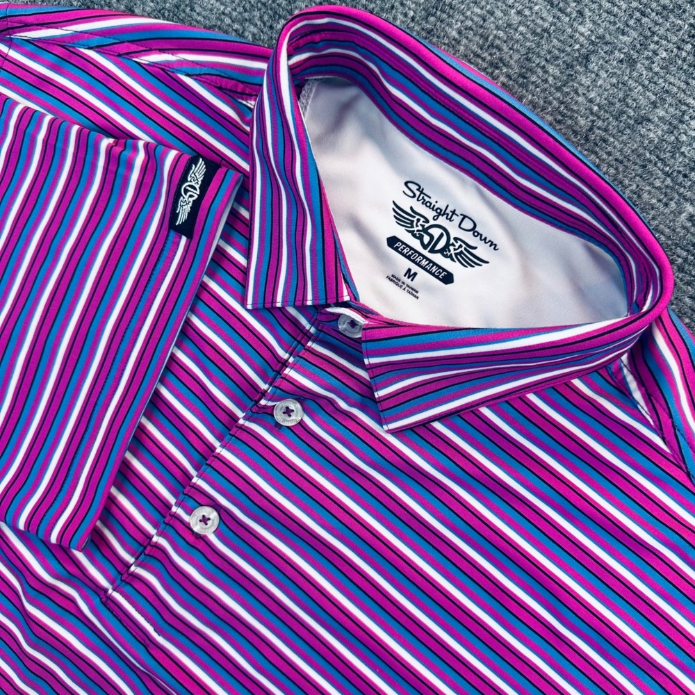 Straight Down Mens Medium Performance Polo Golf Shirt Pink Blue Striped Athletic